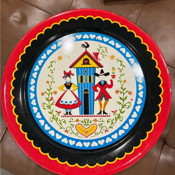 Vintage Dutch Serving Tray Pennsylvania Dutch 19" Platter Red Blue Hearts Tray - Picture 2 of 8